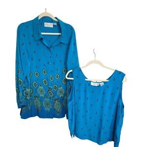 Womens Sz 1X Silk Lore by Beth Terrell Silk Button Up And Tank Set Blue Paisley